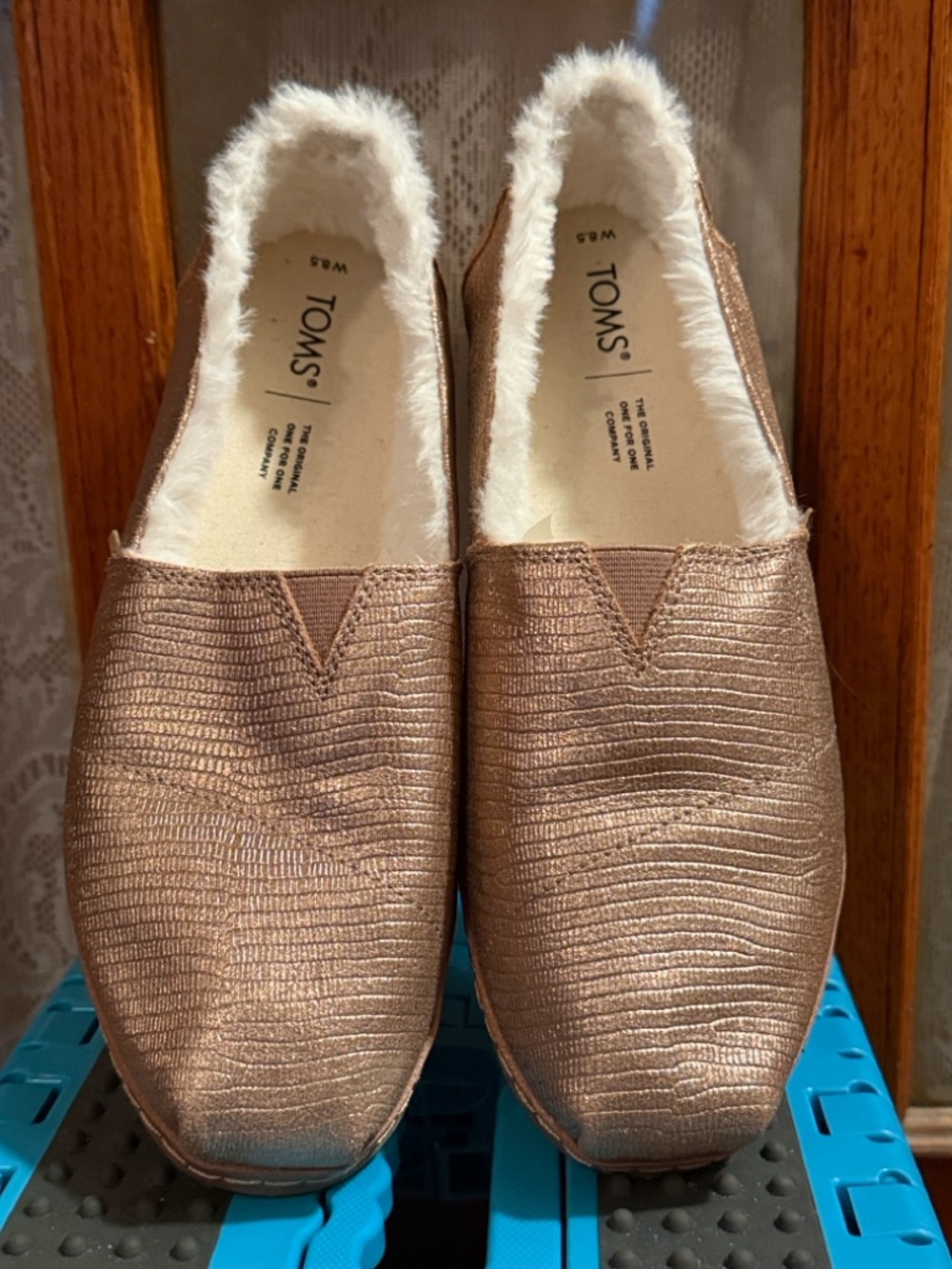 TOMS Women's Metallic Rose Gold Slip-On Alpargata Shoes with Faux Fur Lining